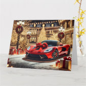 Carte Voiture sport rouge avec boîte de Noël (Fleur jaune)