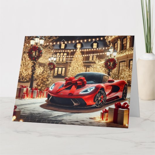 Carte Voiture sport rouge avec boîte de Noël (Devant)