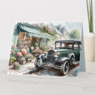 Carte Voiture Vintage et Charming Flower Shop Aquarelle