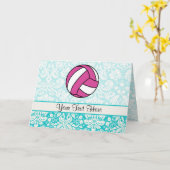 Carte Volley-ball rose; Motif Damas (Fleur jaune)