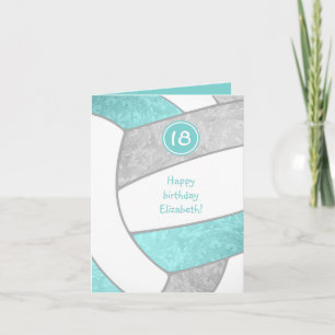 Carte volleyball féminin aqua gris anniversaire toute oc