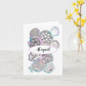 Carte Votre nom, art doodle abstrait, rose et bleu (Fleur jaune)