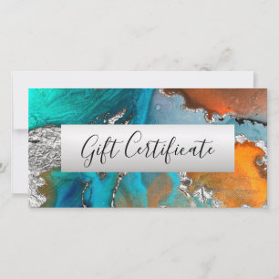 Carte Voucher cadeau Turquoise Orange Silver Aquarelle