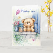 Carte Vous manquez, mignon ours à la fenêtre regardant p (Fleur jaune)