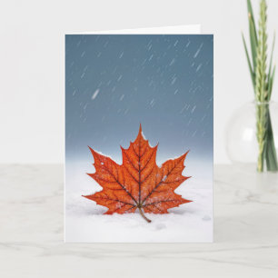 Carte Vous Pensant Feuille D'érable Orange Sur Neige