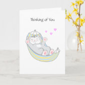 Carte Vous pensant Kitty Chat avec cœur dans hamac (Fleur jaune)