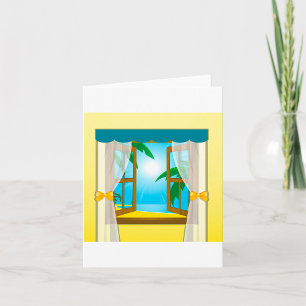 Carte Vue de la plage ensoleillée à travers une fenêtre