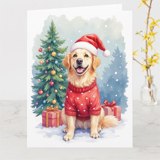 Carte Warm Watercolor Golden Retriever Christmas Tree (Fleur jaune)
