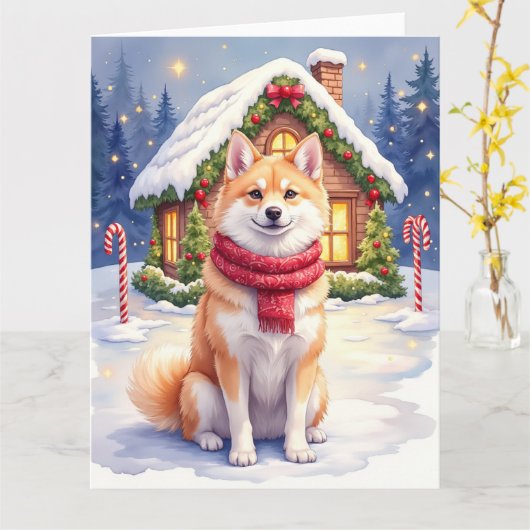 Carte Watercolor Akita Gingerbread House Christmas  (Fleur jaune)