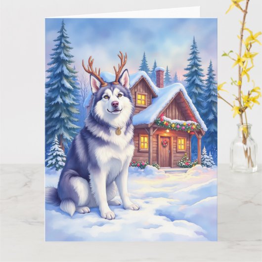Carte Watercolor Alaskan Malamute Reindeer Christmas (Fleur jaune)