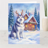 Carte Watercolor Alaskan Malamute Reindeer Christmas (Devant)