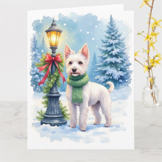Carte Watercolor Bedlington Terrier Lamppost Christmas (Fleur jaune)
