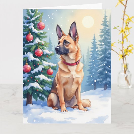 Carte Watercolor Belgian Malinois Evergreen Christmas (Fleur jaune)