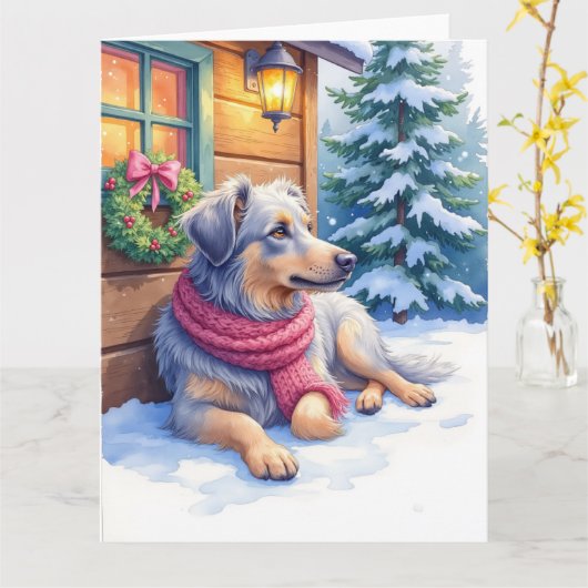 Carte Watercolor Bergamasco Shepherd Cabin Christmas (Fleur jaune)