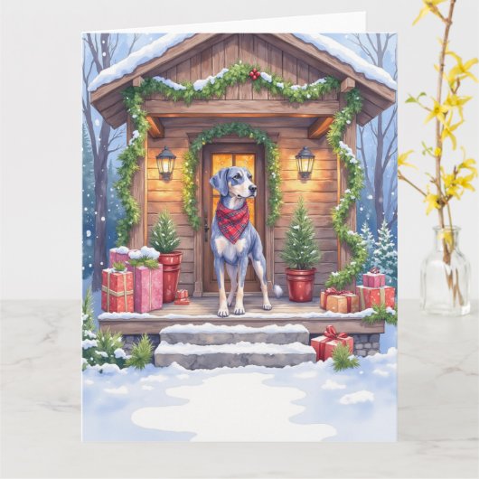 Carte Watercolor Bluetick Coonhound Cabin Porch Christma (Fleur jaune)