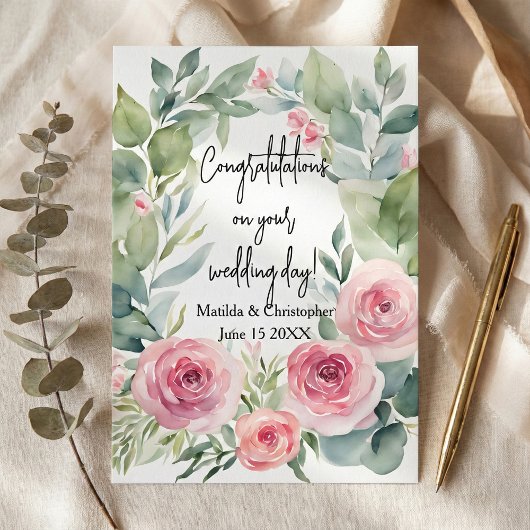 Carte Watercolor Blush Pink Rose & Eucalyptus Wedding