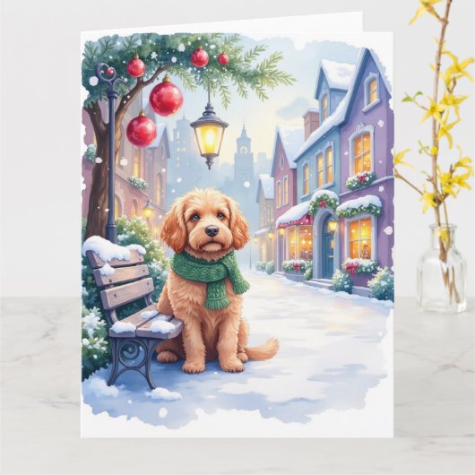 Carte Watercolor Bolognese Festive Town Bench Christmas (Fleur jaune)