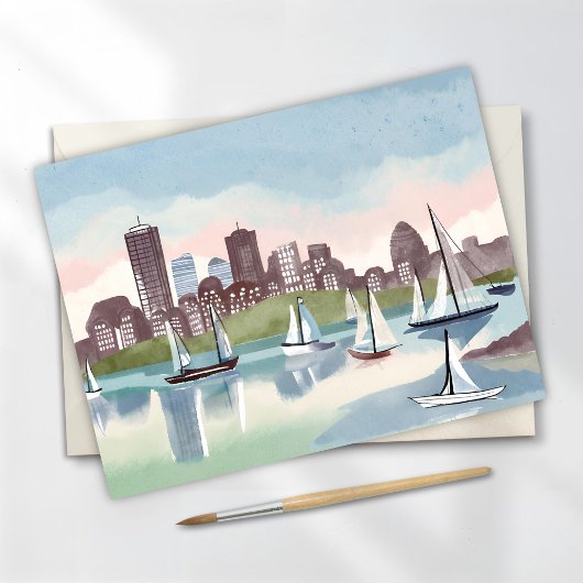 Carte Watercolor Boston Harbour Massachusetts