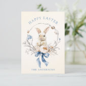 Carte Watercolor Bunny Flowers Blue Bow Spring (Debout devant)