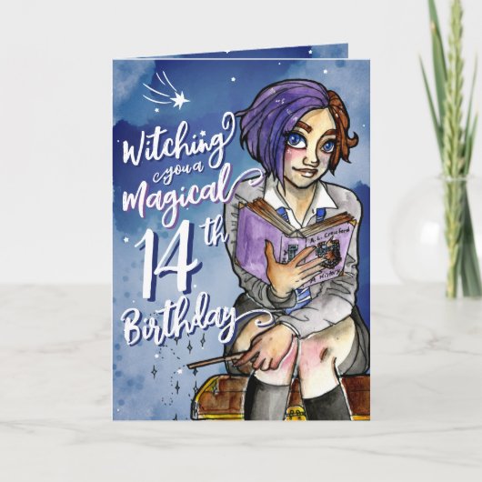 Carte Watercolor Cartoon Witch Magical 14th Birthday (Devant)