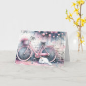 Carte Watercolor Chat et Vélo rose (Fleur jaune)