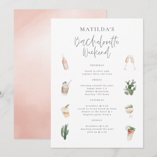 Carte Watercolor drinks bachelorette weekend itinerary (Devant / Derrière)
