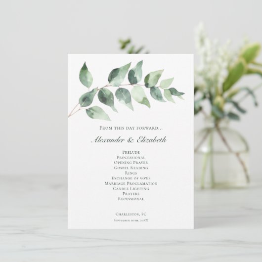 Carte Watercolor Eucalyptus Wedding | White Program (Debout devant)