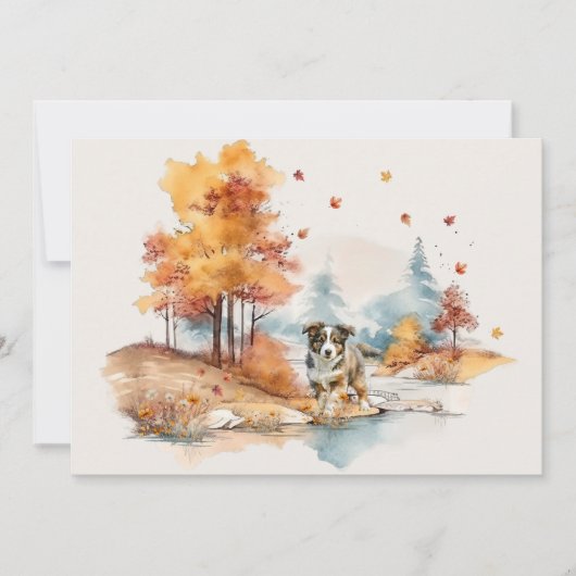 Carte Watercolor Fall Dog Design - Australian Shepherd (Devant)