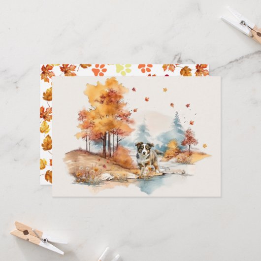 Carte Watercolor Fall Dog Design - Australian Shepherd (Devant/Arrière en situation)