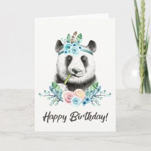 Carte Watercolor Floral Spray Boho Panda Joyeux annivers