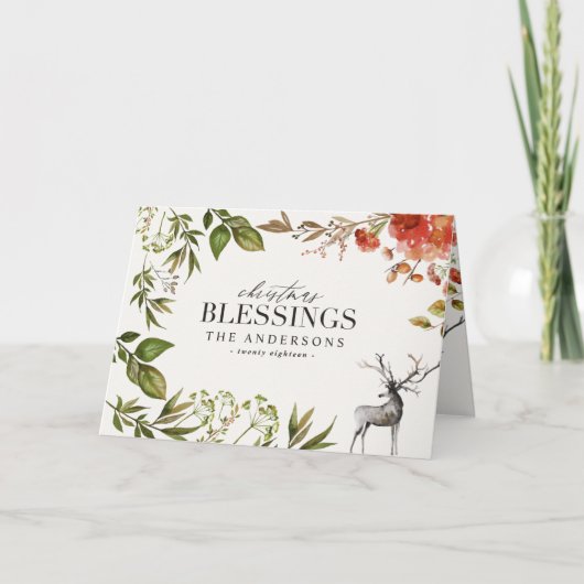 Carte Watercolor foliage stag photo Christmas (Devant)