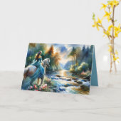Carte Watercolor Forest River Horsewoman Dreamscape (Fleur jaune)