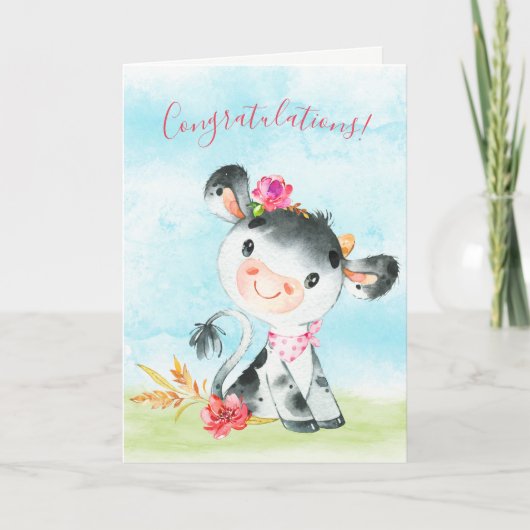 Carte Watercolor Girl Cow Congratulations (Devant)
