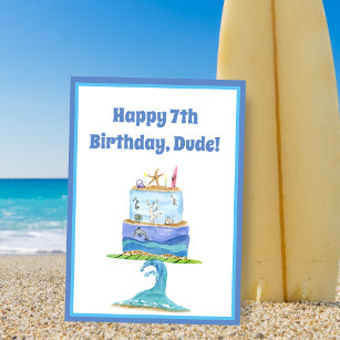 Carte Watercolor Happy 7th Birthday Surfer Cake Card