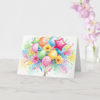 Carte Watercolor Happy Birthday Balloons & Flowers