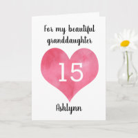 Watercolor Heart Happy 15th Birthday Grandgirl