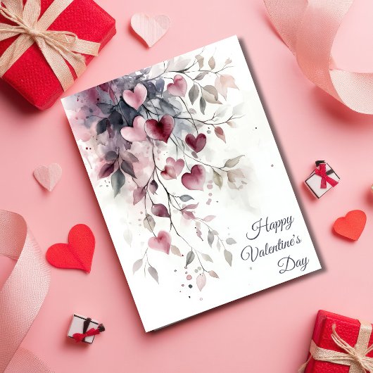Carte Watercolor Hearts and Flowers Valentine's Greeting