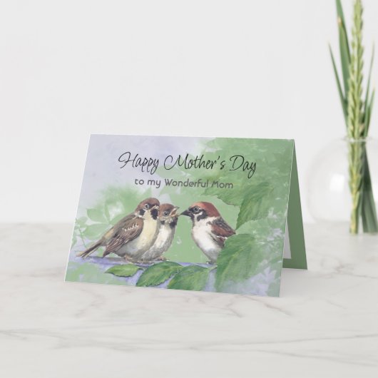 Carte Watercolor Mother Sparrow Feeding Chicks (Devant)