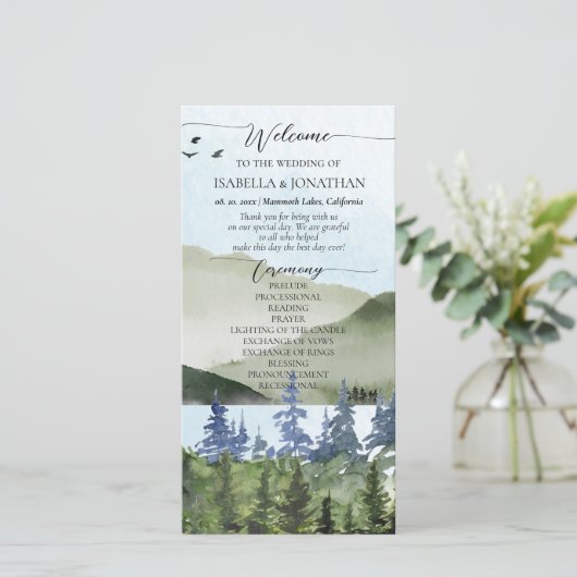 Carte Watercolor Nature Mountains Lake Wedding Program (Debout devant)