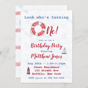 Carte Watercolor Nautical Boy 1er anniversaire Invitatio