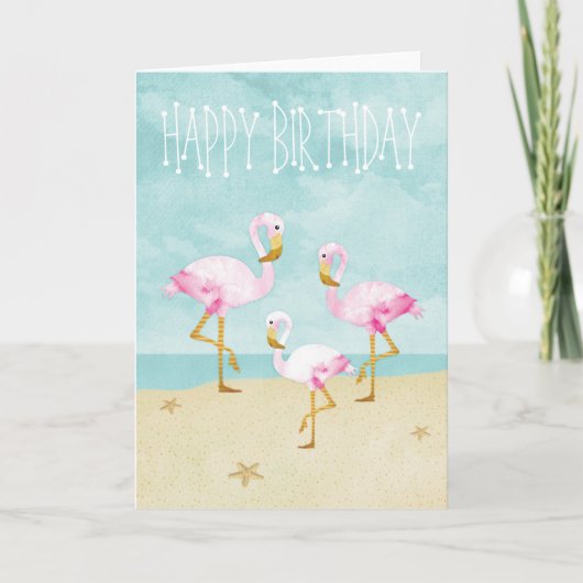 Carte Watercolor Pink Flamingos on the Beach (Devant)