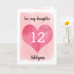 Carte Watercolor Pink Heart 12th Birthday Daughter<br><div class="desc">A personalized daughter 12th birthday that feobjets a watercolor heart against pink watercolor. You can personalize the heart with the age you need and add her name underneath the heart. Le message inside can be easily edited if wanted. Retour de la carte, joyeux anniversaire, which can be change. This would...</div>