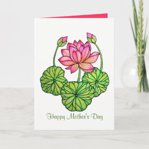Carte Watercolor Pink Lotus with Buds & Leaves
