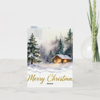 Carte Watercolor Snow Cabin Christmas Card – Cozy Winter