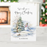 Carte Watercolor Snowman et Joyeux voeux de Noël<br><div class="desc">Chaud bonhomme de neige souriant avec pin et décoré arbre nu avec joyeux calligraphie de Noël. Message intérieur.</div>