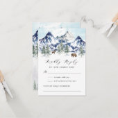 Carte Watercolor Winter Mountain Forest Wedding RSVP (Devant/Arrière en situation)