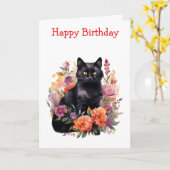 Carte Watercolour Black Cat (Fleur jaune)