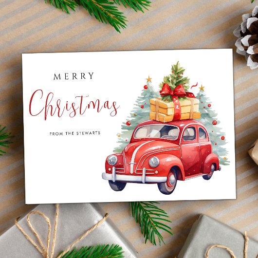 Carte Watercor Joyeux voiture de Noël Moderne Mignonne v
