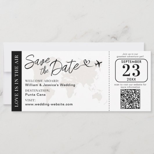 Carte Wedding Boarding Pass Save The Date With QR Code (Devant)