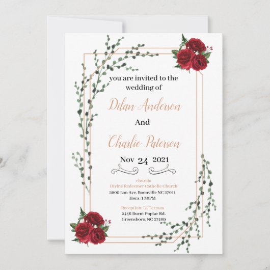 Carte Wedding Invitation, red rose  Gold  (Devant)